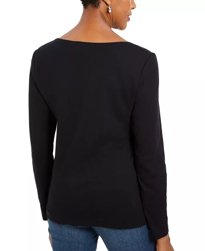 Karen Scott Women's Embroidered Holiday Dog Shirt Black Size Small