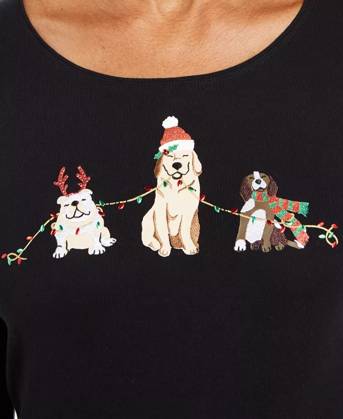 Karen Scott Women's Embroidered Holiday Dog Shirt Black Size Small