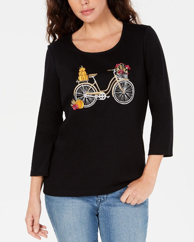 Karen Scott Women's Embellished Cotton Bicycle Top Black Size Large