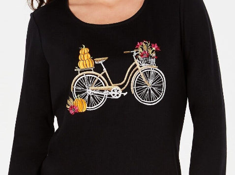 Karen Scott Women's Embellished Cotton Bicycle Top Black Size Large