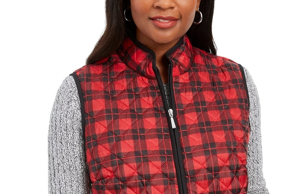Karen Scott Women's Sport Plaid Puffer Vest Bright Red Size Small