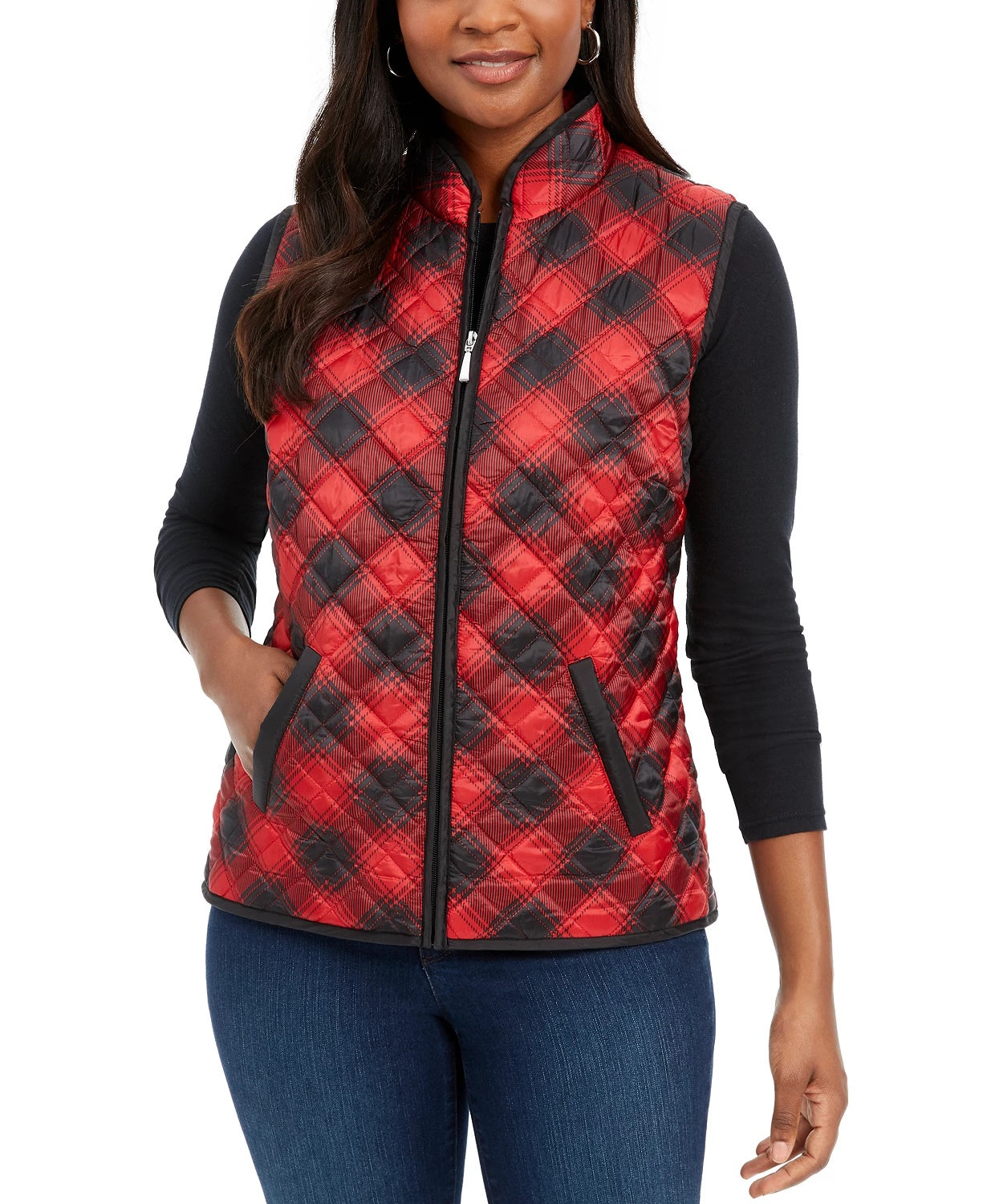 Karen Scott Women's Sport Plaid Puffer Vest Bright Red Size Large