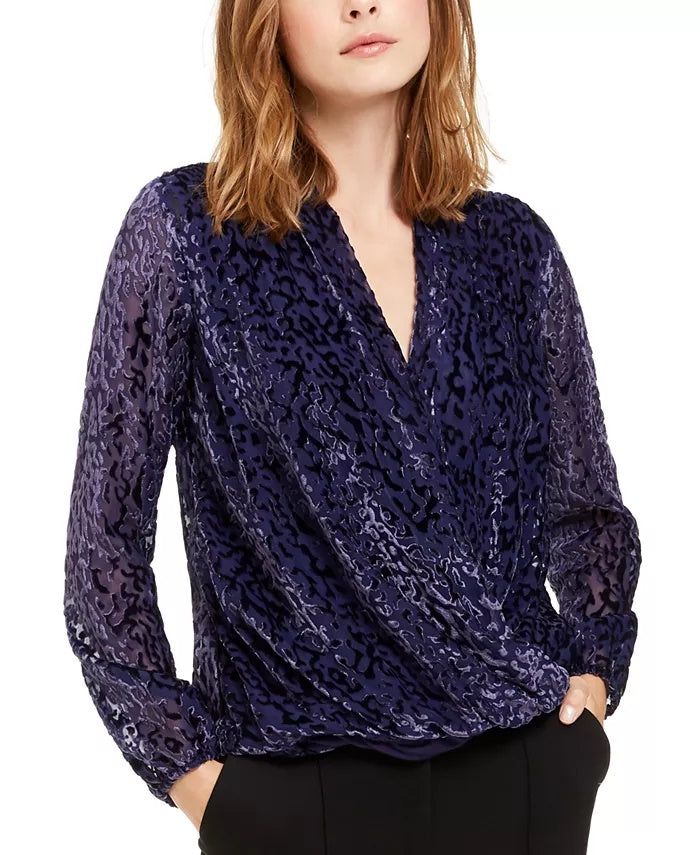 Alfani Women's Printed Burnout Surplice Top Purple Size Small