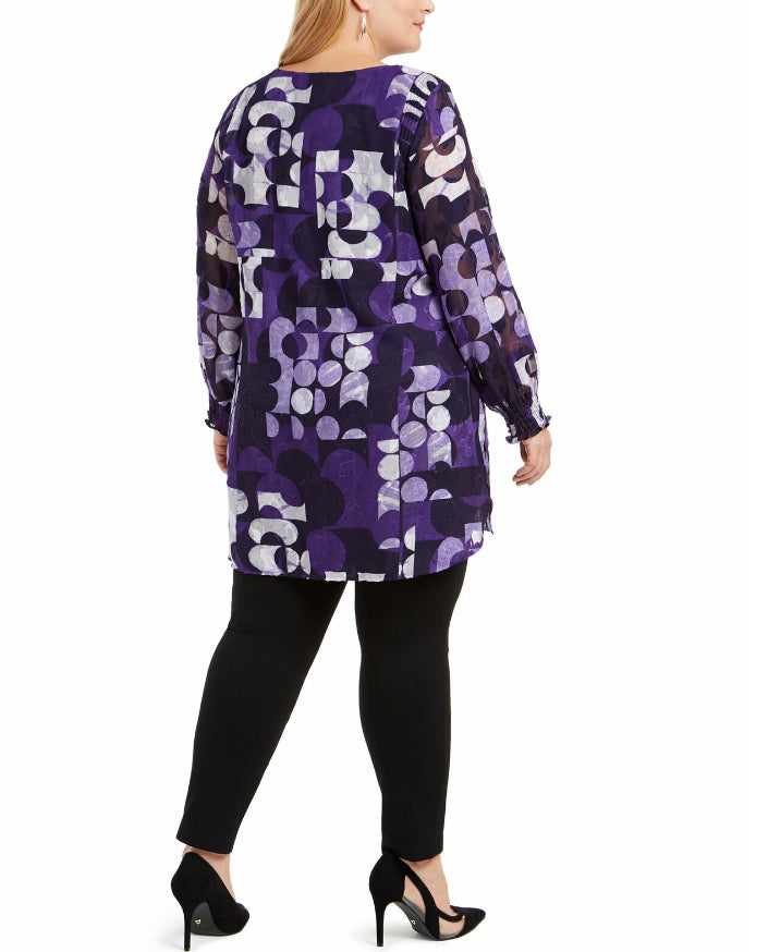 Alfani Women's Plus Size Printed Shirred-Cuff Tunic  Purple Size 1X