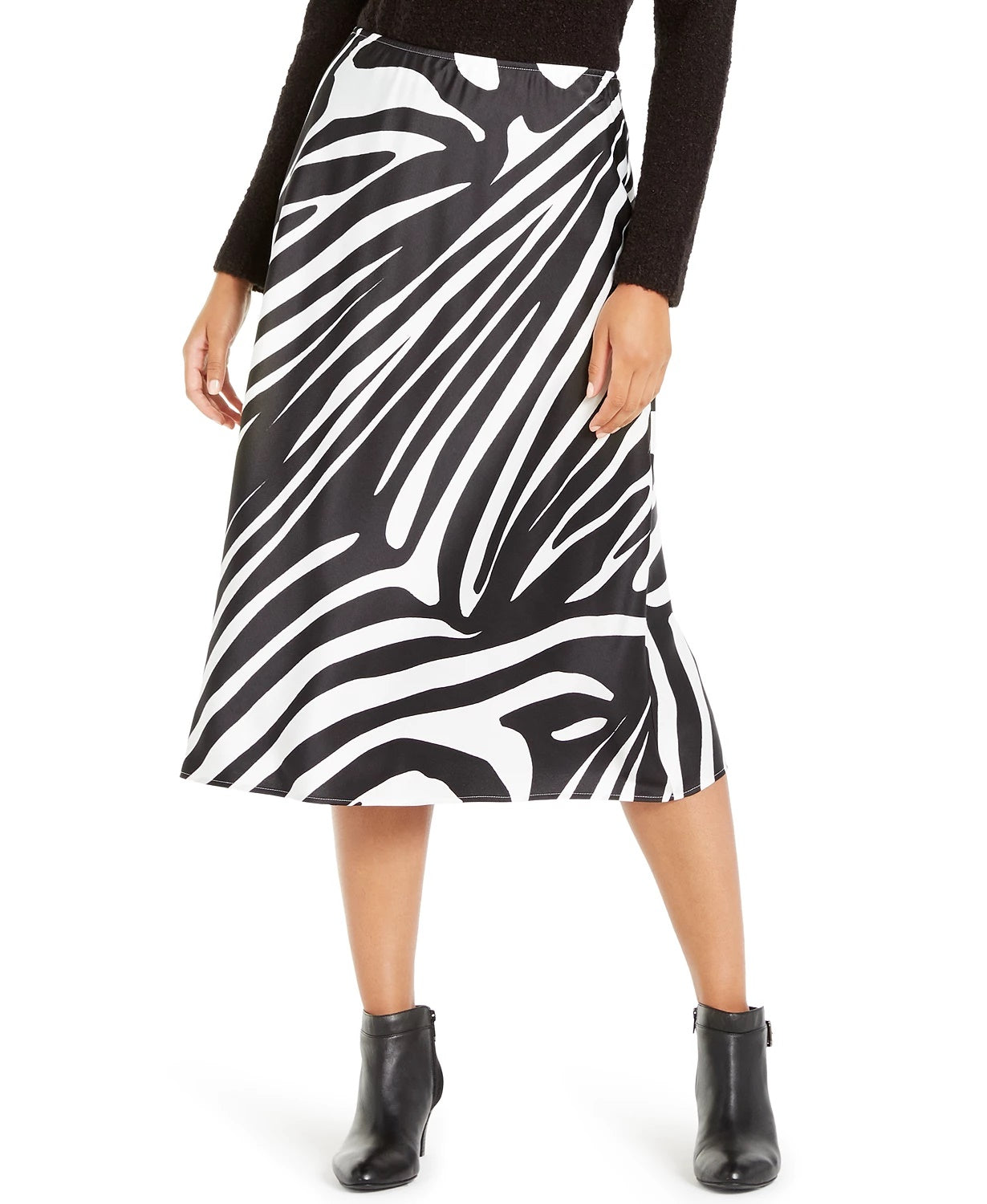 Alfani Women's Zebra-Print A-Line Midi Skirt Black Size 4