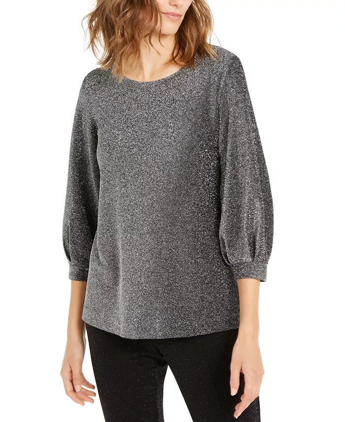 Alfani Women's Metallic Knit Bishop Sleeve Top Med Gray Size X-Small