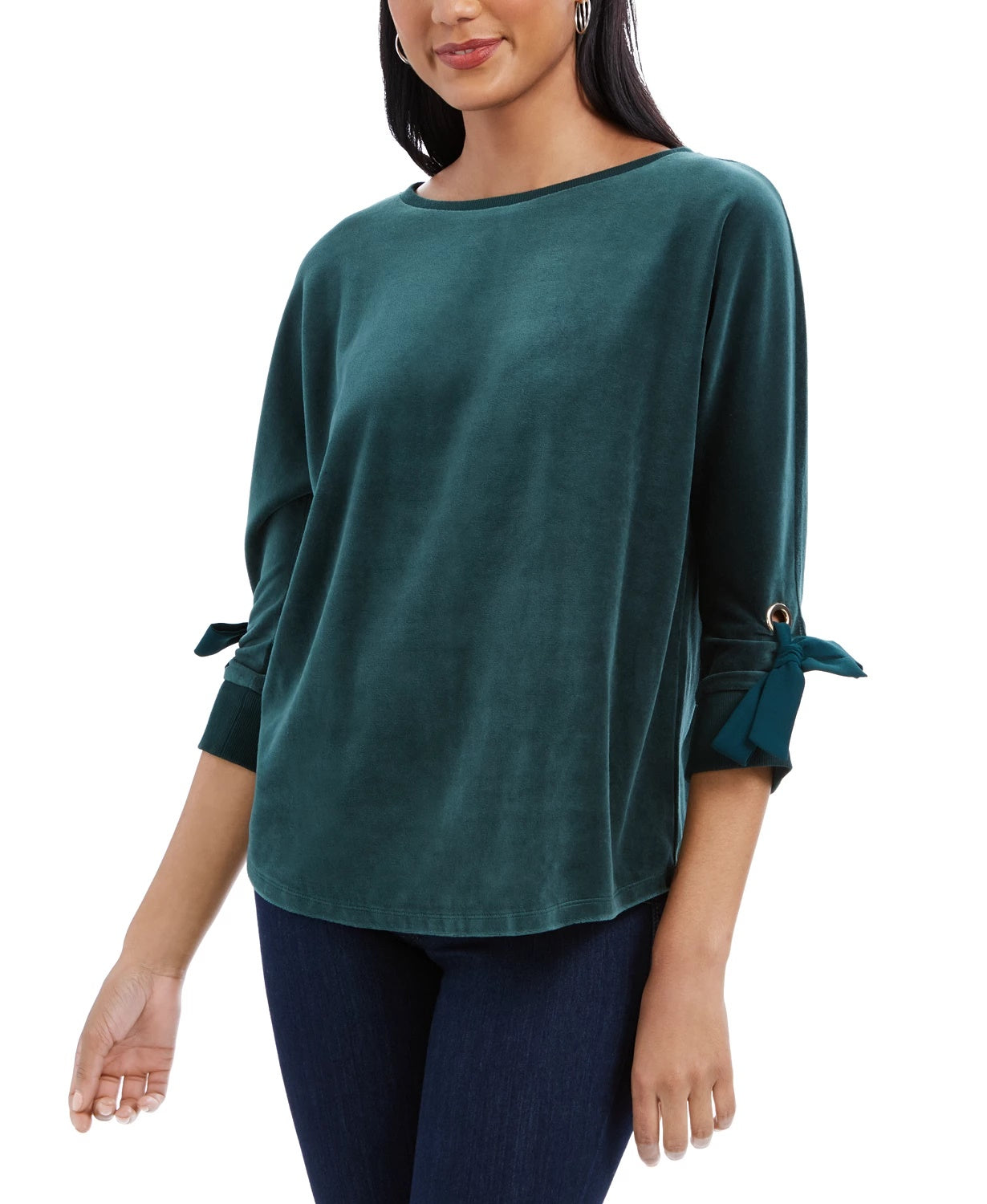 Charter Club Women's Velvet Tie-Sleeve Top Dark Green Size Large
