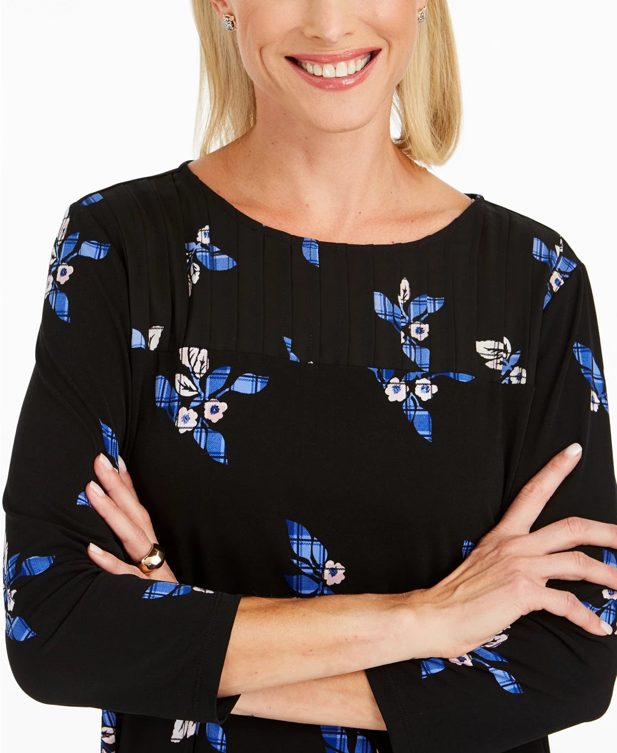Charter Club Women's Floral Print Pleated Yoke Blouse Black Size X-Small