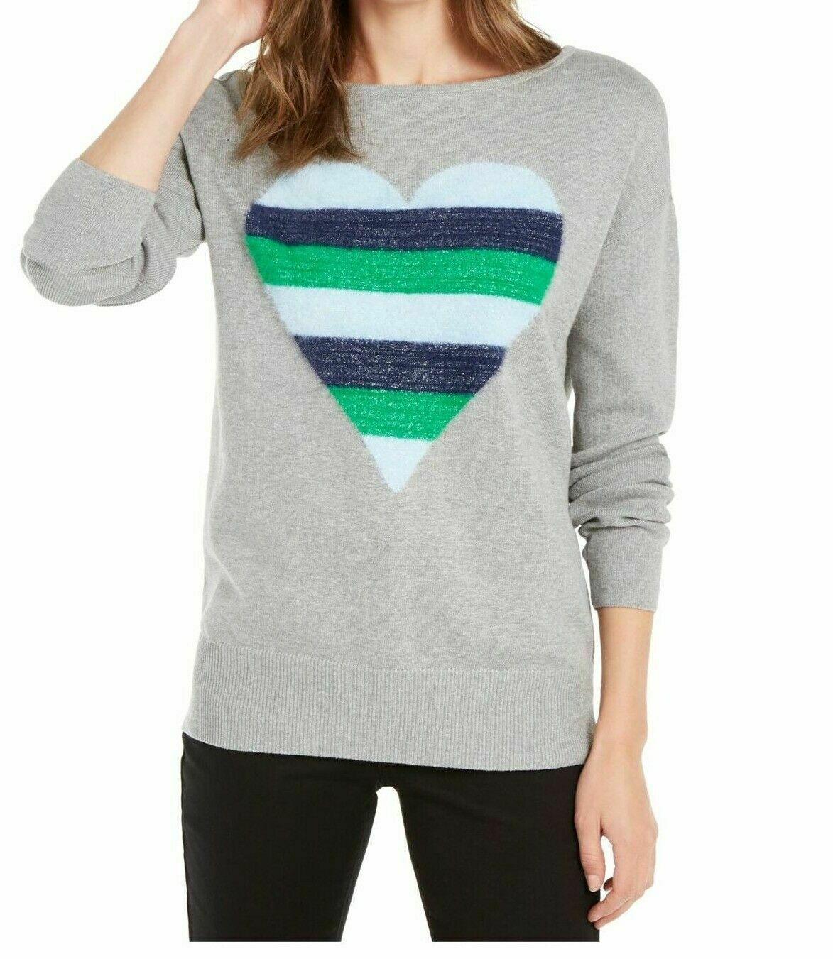 Maison Jules Women's Heart-Motif Tunic Sweater Gray Size Large