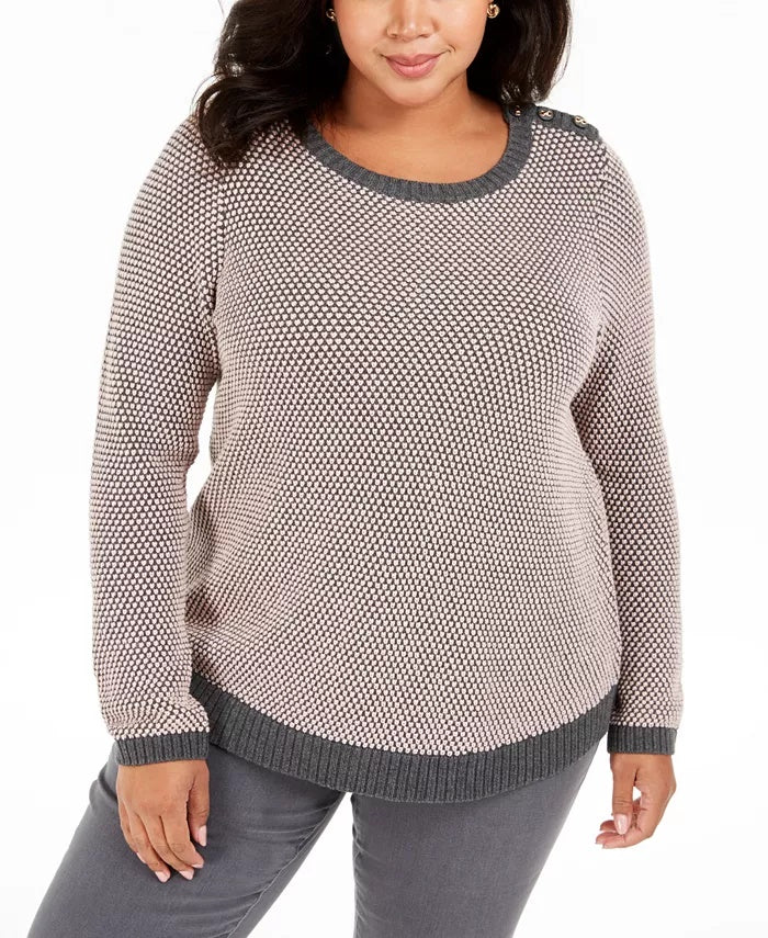 Charter Club Women's Plus Size Button-Trim Contrast-Accent Sweater Black Size 1X