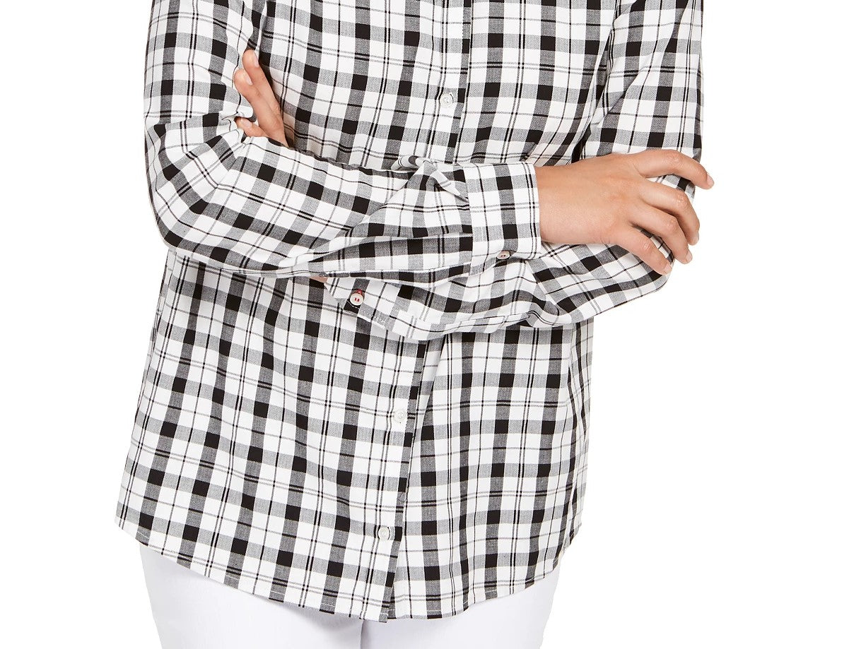 Charter Club Women's Cotton Plaid Shirt White Size Small