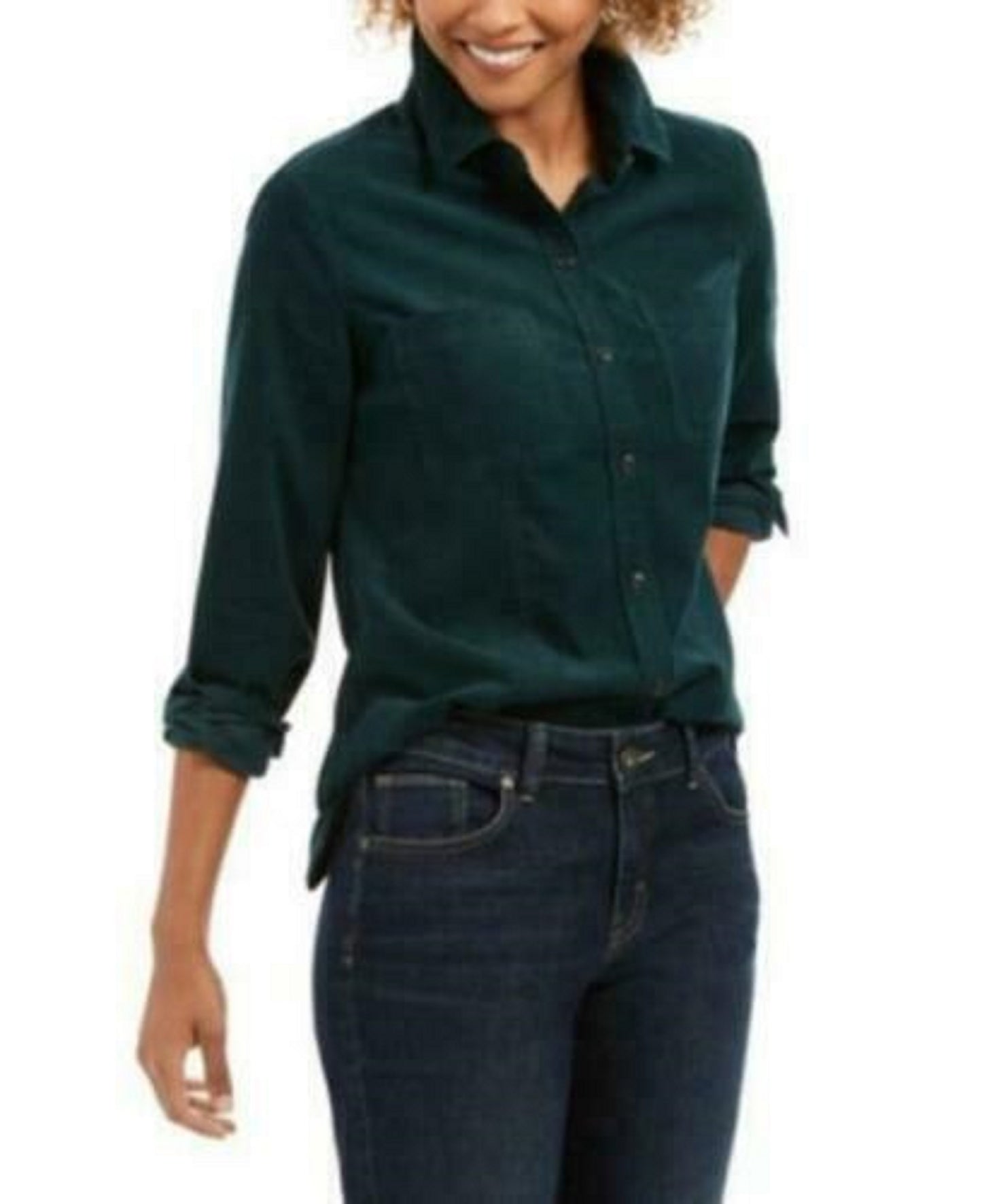 Charter Club Women's Solid Corduroy Shirt Dark Green Size Small