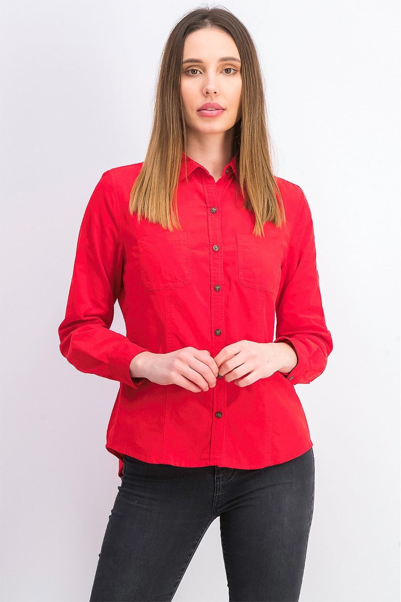 Charter Club Women's Button Down Cotton Corduroy Shirt Red Size Petite Medium