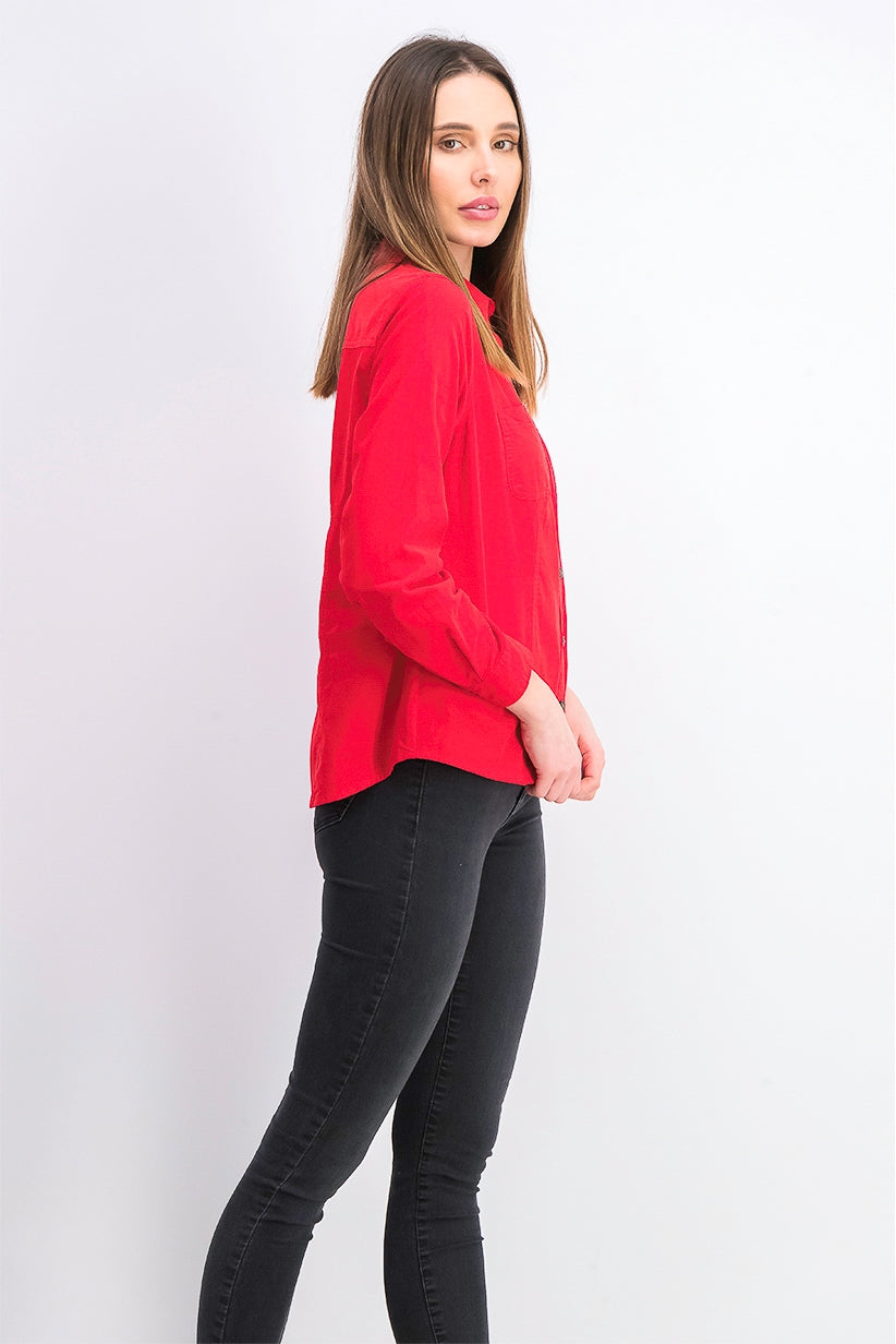 Charter Club Women's Button Down Cotton Corduroy Shirt Red Size Petite Medium