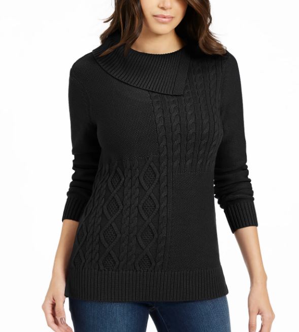 Charter Club Women's Patchwork Stitch Asymmetrical Collar Sweater Black Size X-Large