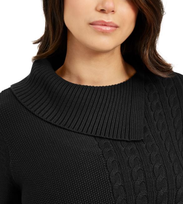Charter Club Women's Patchwork Stitch Asymmetrical Collar Sweater Black Size X-Large