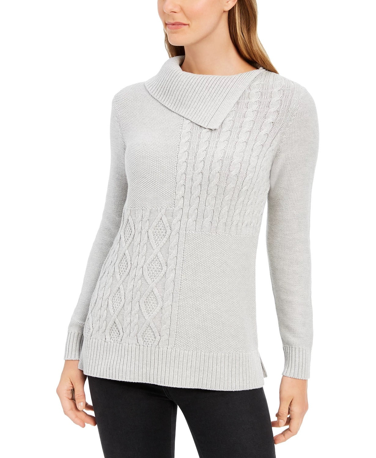 Charter Club Women's Patchwork Stitch Asymmetrical Collar Sweater Medium Grey Size Small