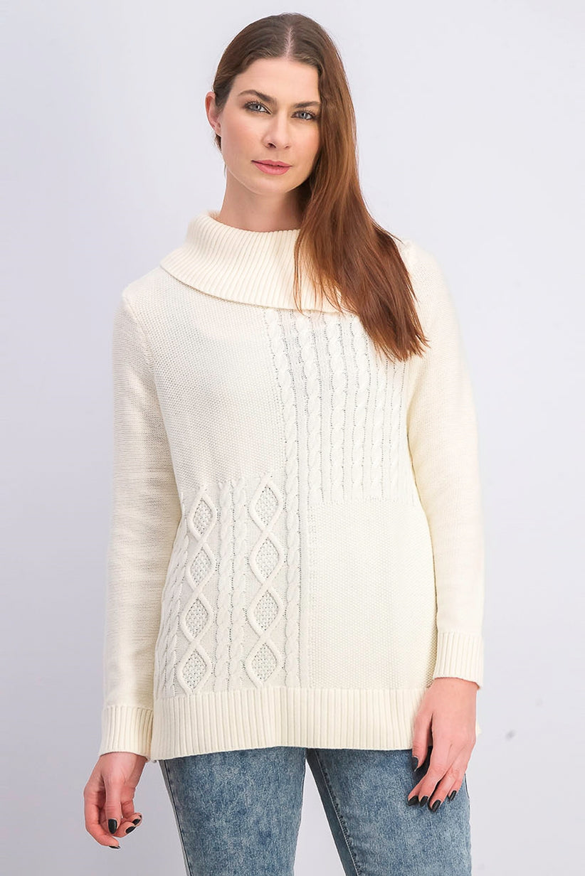 Charter Club Women's Patchwork-Stitch Asymmetrical-Collar Sweater White Size Extra Large