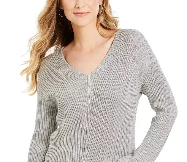 Charter Club Women's Cotton Textured V-Neck Sweater Gray Size X-Large