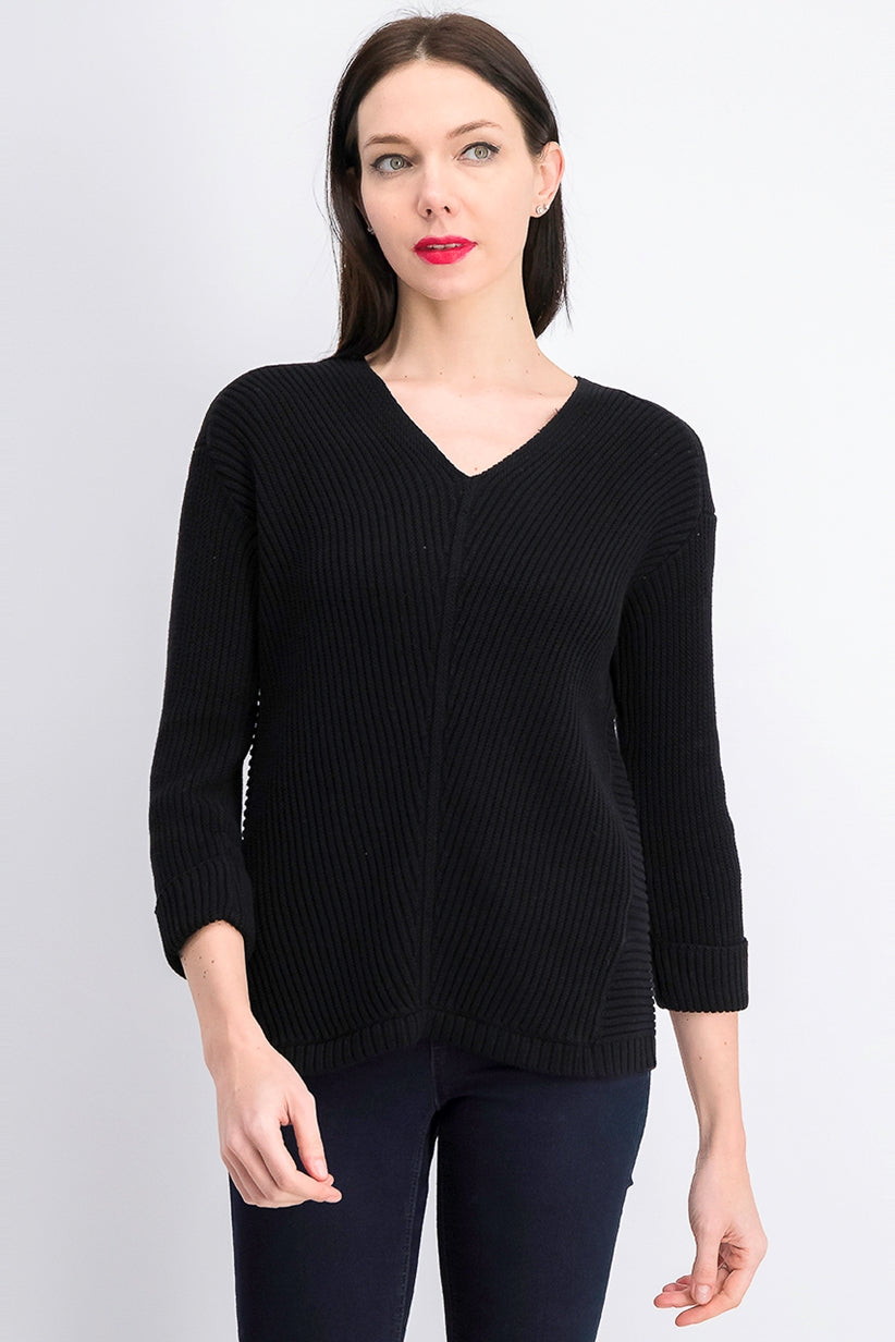 Charter Club Women's Cotton Ribbed Cuffed Sweater Black Size  Petite Medium