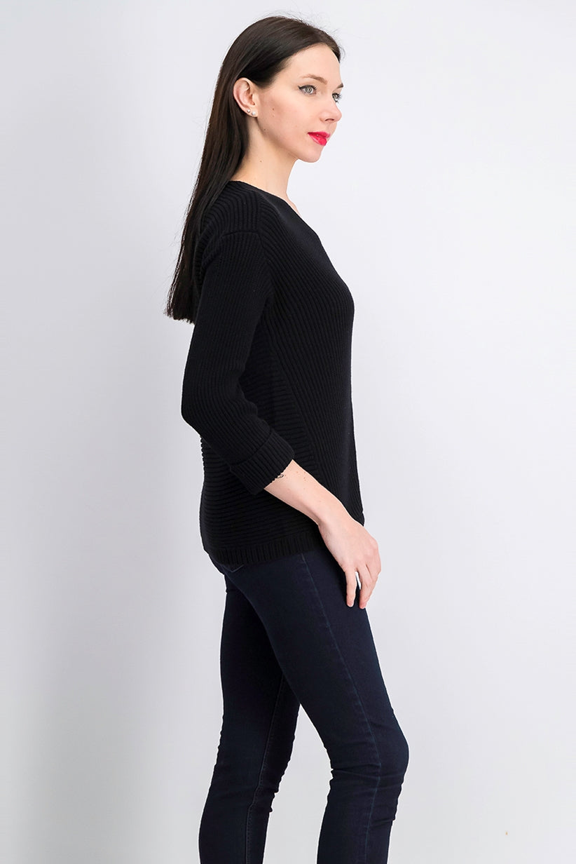 Charter Club Women's Cotton Ribbed Cuffed Sweater Black Size  Petite Medium