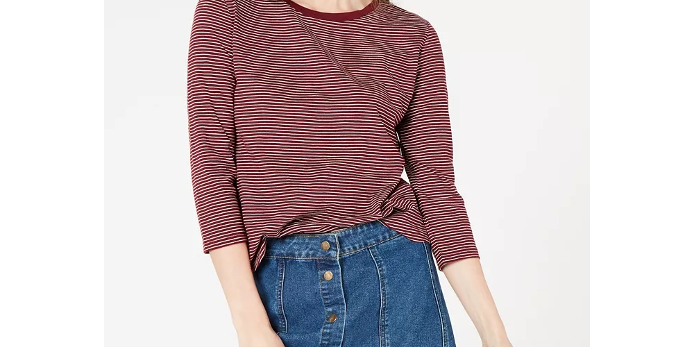 Maison Jules Women's Striped 3/4-Sleeve Shirt Wine Size Large