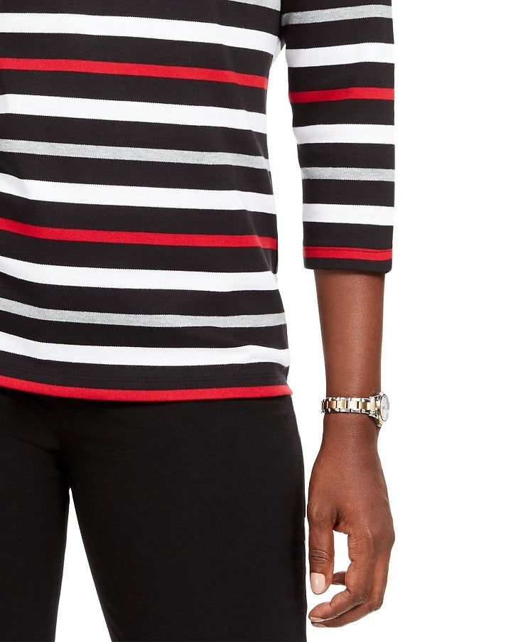 Karen Scott Women's Sport Striped 3/4-Sleeve Top Bright Red Size Large