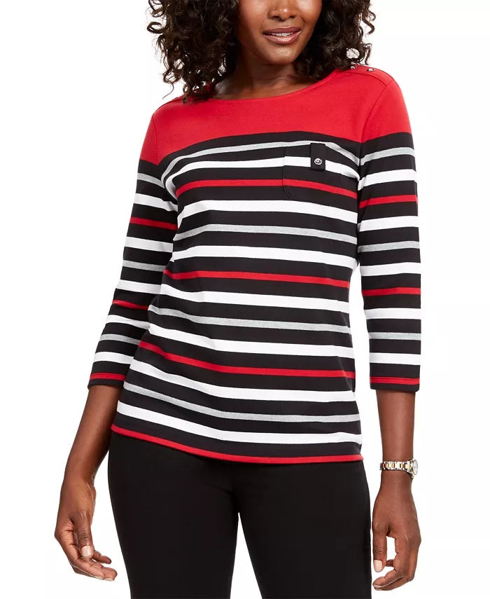 Karen Scott Women's Sport Striped 3/4 Sleeve Top Bright Red Size Small
