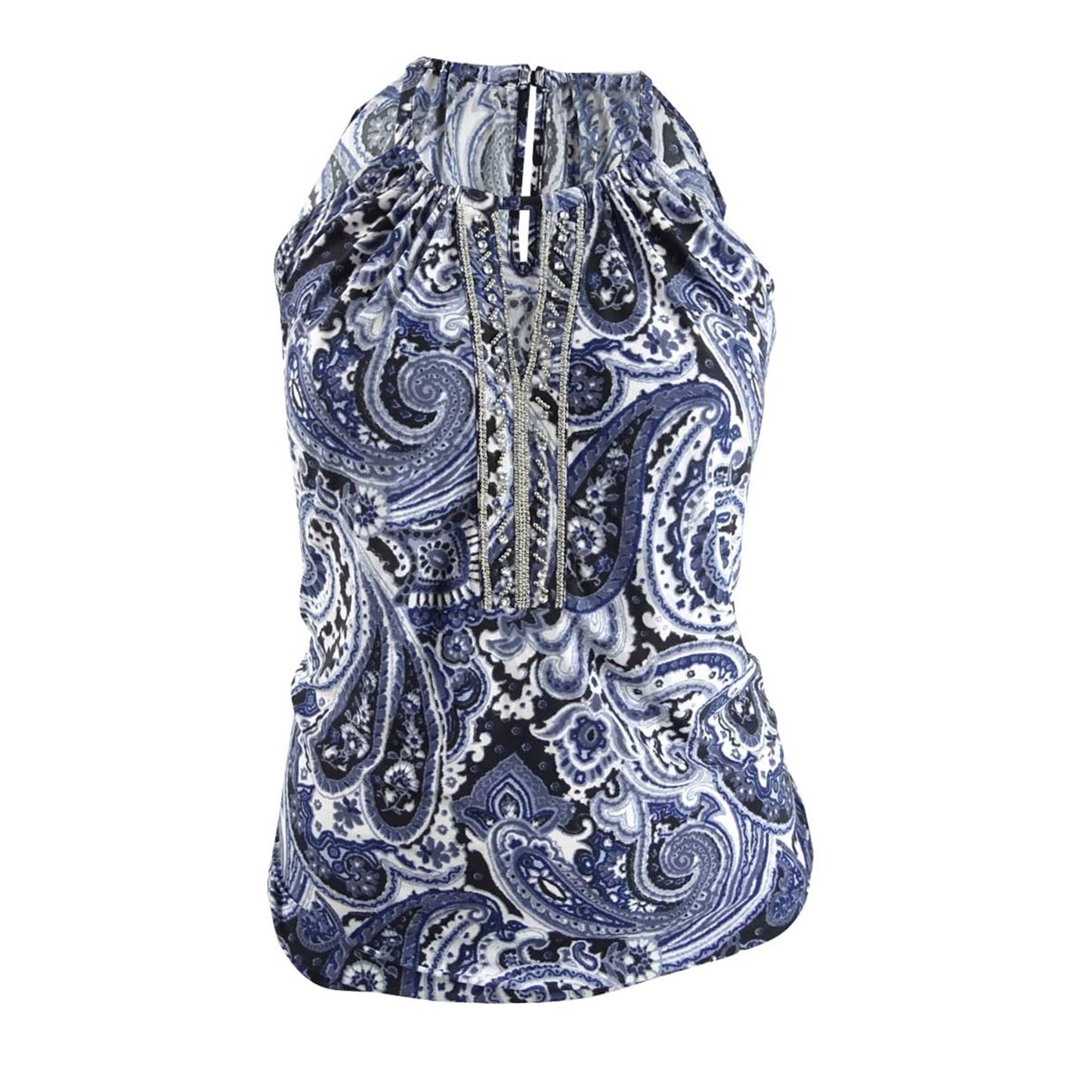 INC International Concepts Women's Plus Size Printed Keyhole-Cutout Embellished Halter Top Blue Size XX-Large