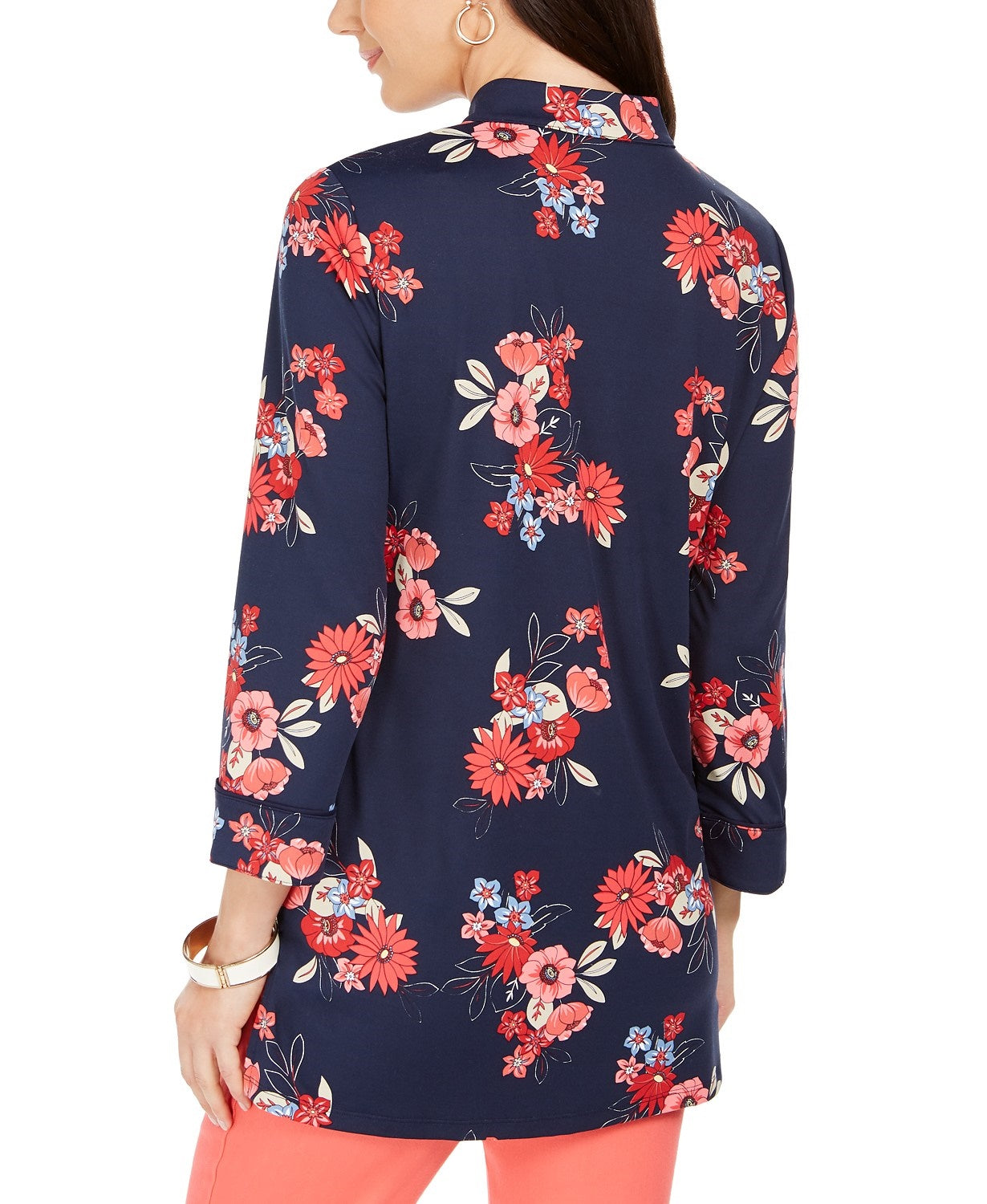 Charter Club Women's Floral Print Split-Neckline Tunic Blue Size XX-Large