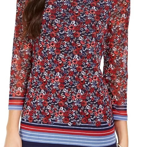 Charter Club Women's Sheer Sleeve Floral Print Top Medium Red Size Small