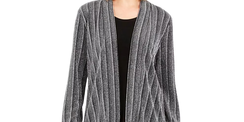 JM Collection Women's Layered-Look Metallic Cardigan Black Size Medium
