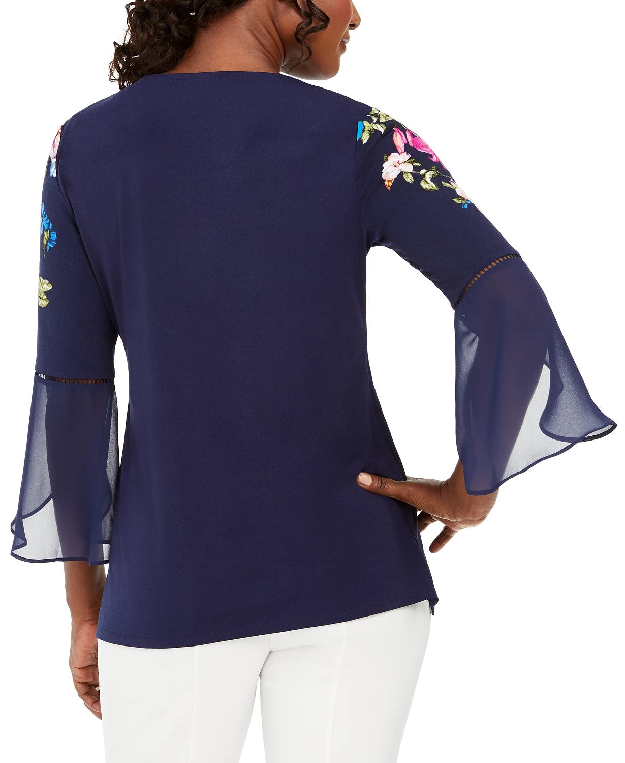 JM Collection Women's Printed Bell-Sleeve Tunic Top Navy Size Small