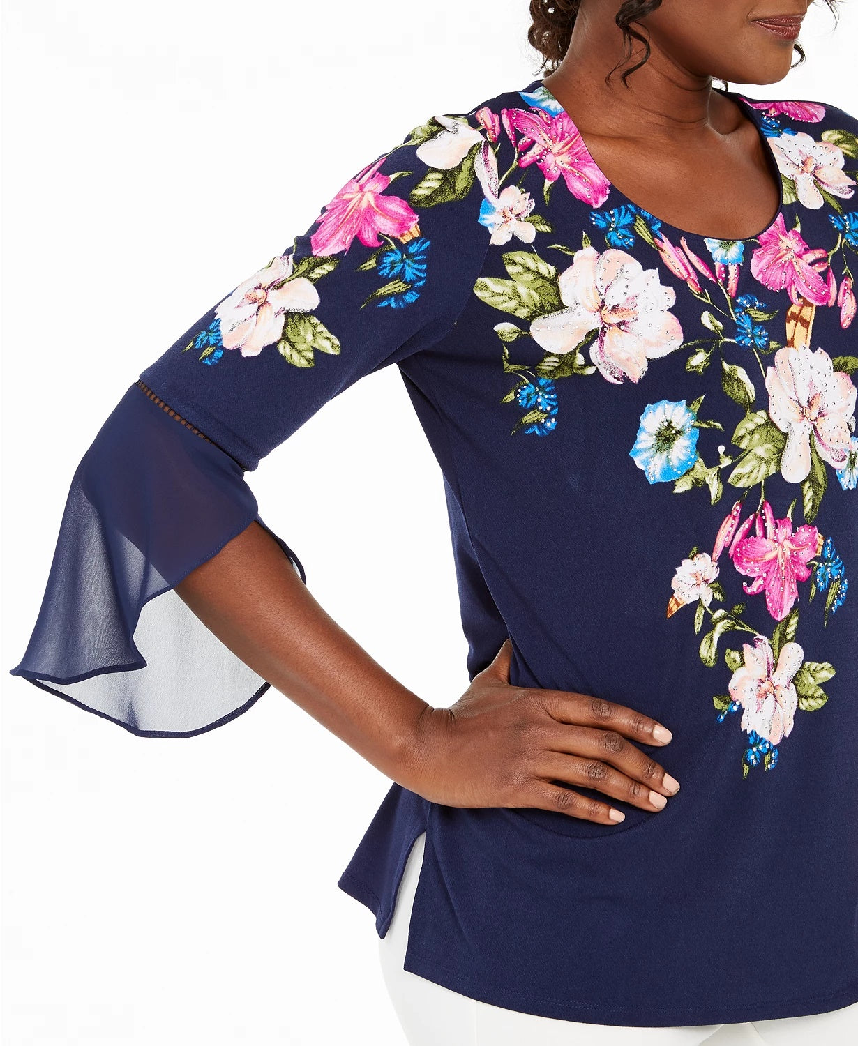 JM Collection Women's Printed Bell-Sleeve Tunic Top Navy Size Small