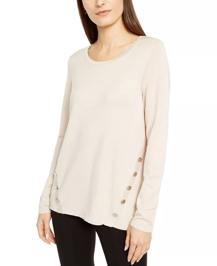 Alfani Women's Petite Hardware Seamed Pullover Sweater Beige Size Medium