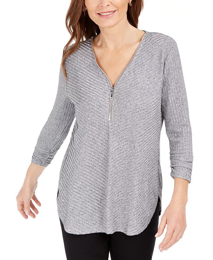 JM Collection Women's Ribbed Zip Detail Sweater Grey Size XX-Large