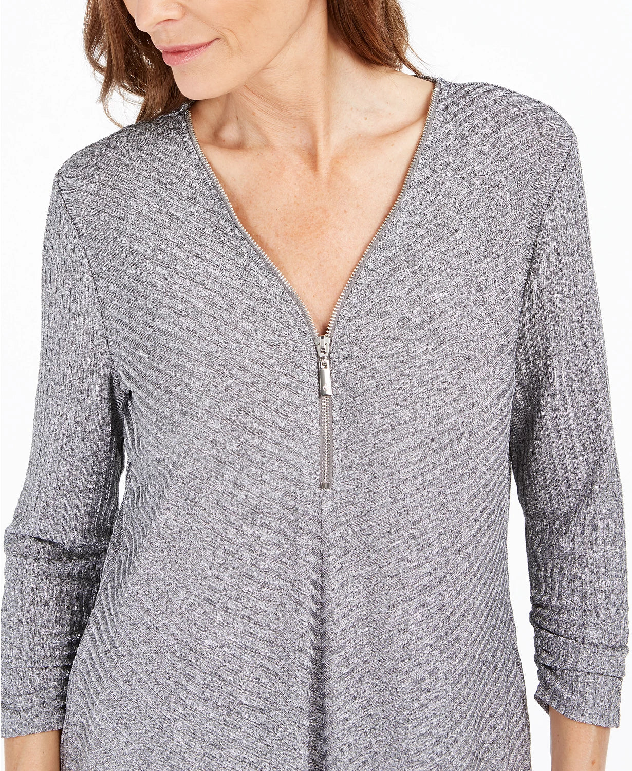 JM Collection Women's Ribbed Zip Detail Sweater Grey Size XX-Large