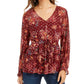 Style & Co Women's Printed Drawstring-Waist Top Dark Red Size Medium