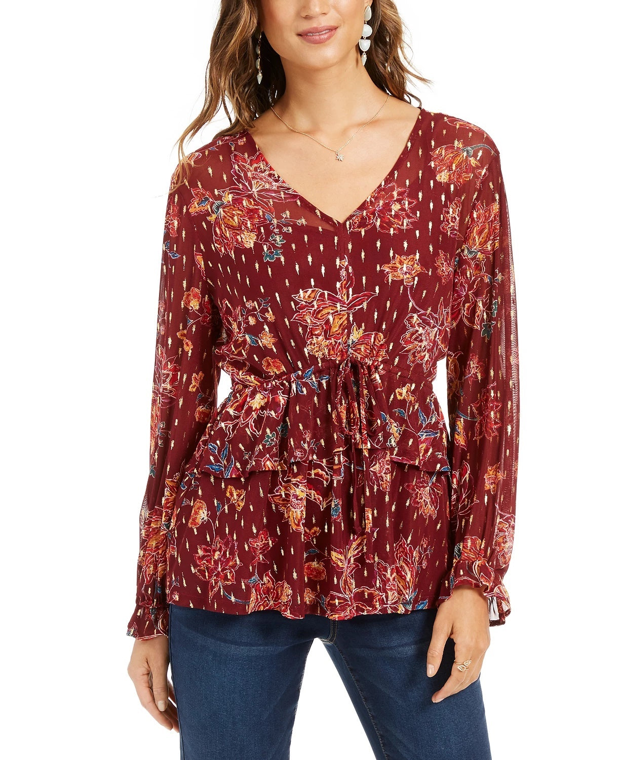 Style & Co Women's Printed Drawstring-Waist Top Dark Red Size Medium