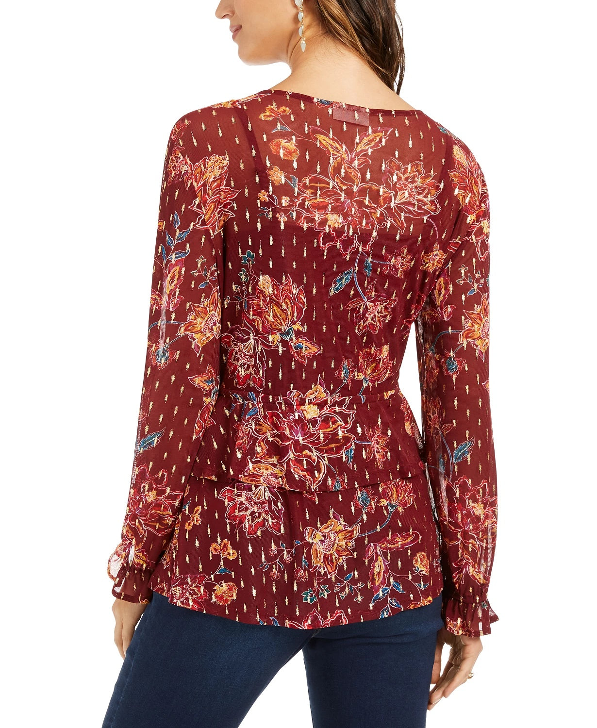 Style & Co Women's Printed Drawstring-Waist Top Dark Red Size Medium