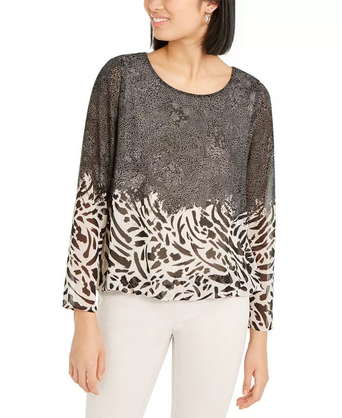 Alfani Women's Mixed-Print Bubble Top Black Size Petite Medium