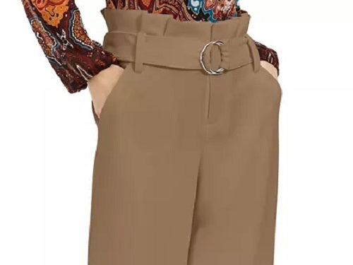 INC International Concepts Women's Paperbag-Waist Wide-Leg Pants Brnoverflw Size 10