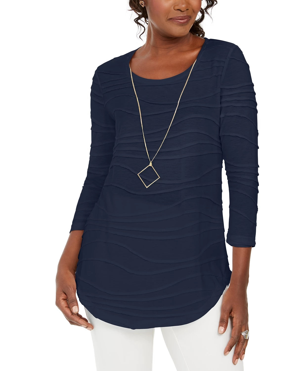 JM Collection Women's Wavy Textured Knit Top Blue Size Medium