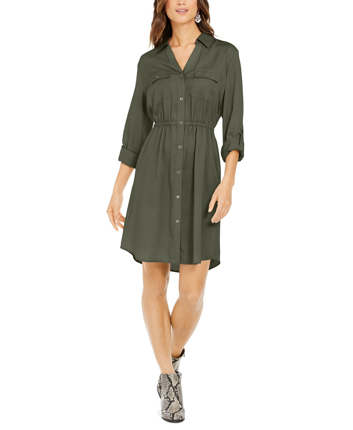 Style & Co Women's Solid Utility Shirtdress Green Size Large