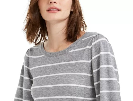 Maison Jules Women's Striped Puff-Sleeve Sweater Gray Size X-Small