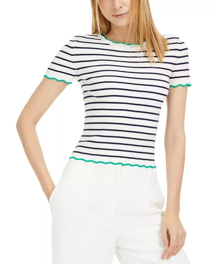 Maison Jules Women's Striped Wavy-Trim Sweater White Size XX Large