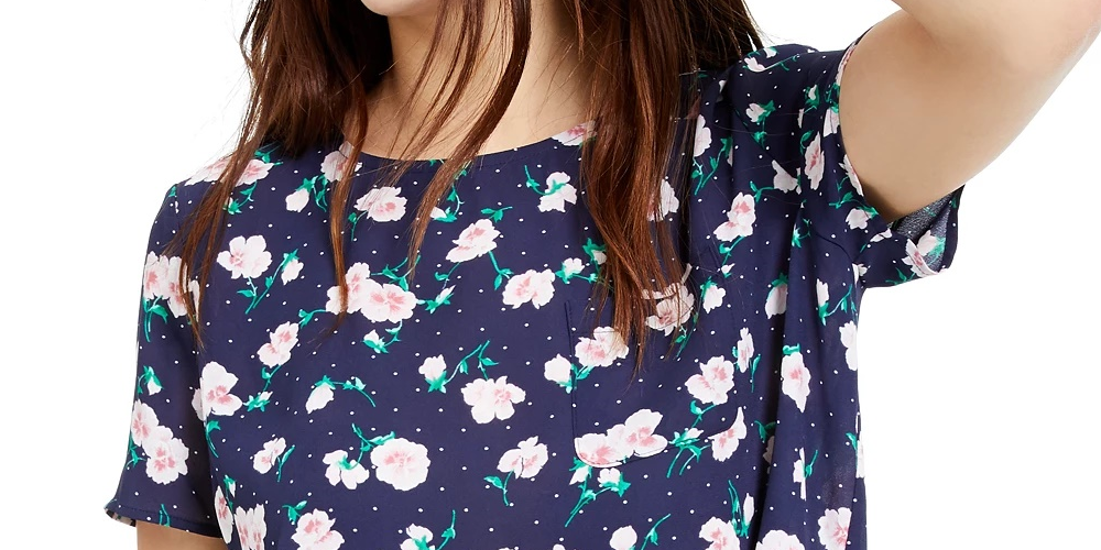 Maison Jules Women's Floral-Print Button-Back Woven Top Navy Size Large