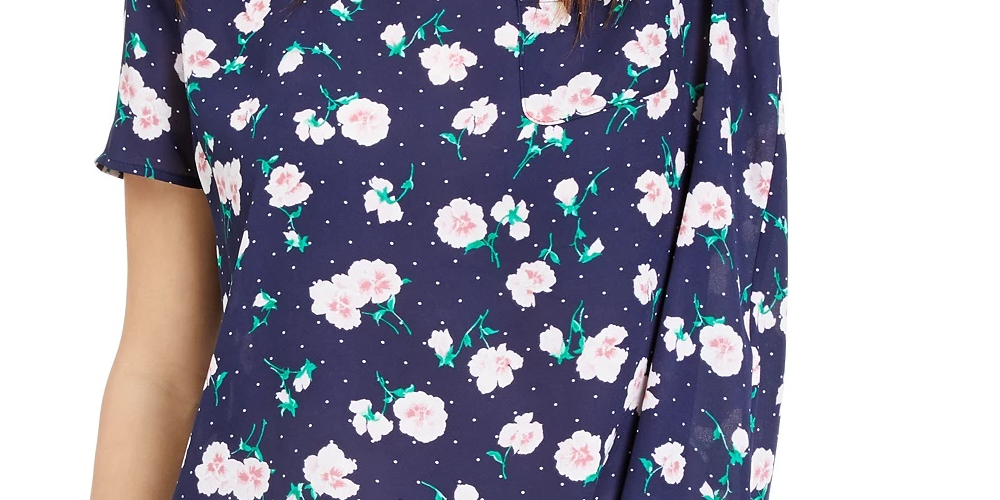Maison Jules Women's Floral-Print Button-Back Woven Top Navy Size Large