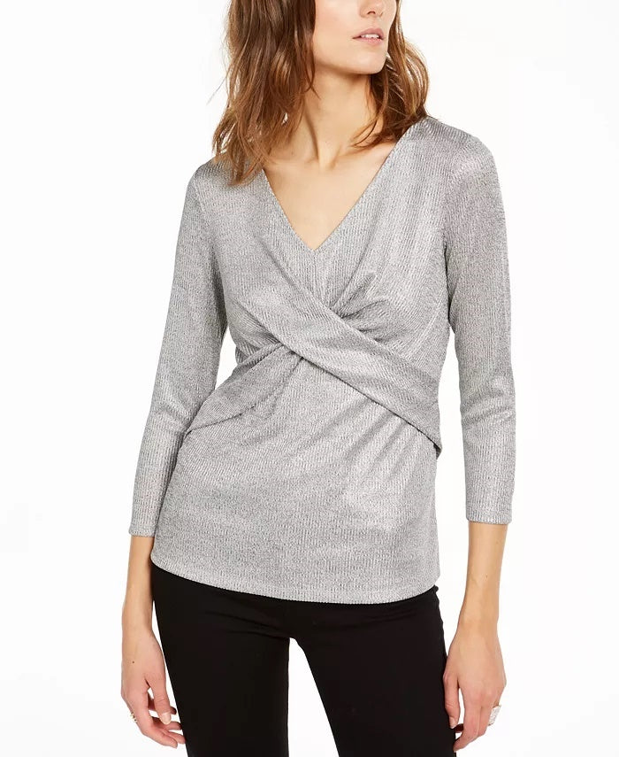 INC International Concepts Women's Criss Cross Shine Top Silver Size Medium