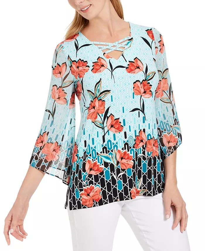 JM Collection Women's Gatsby Printed Lattice Neck Top Navy Size Medium